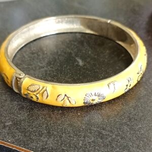 Vintage Enamel Bracelet Gold-plated hinged cuff bangle beige